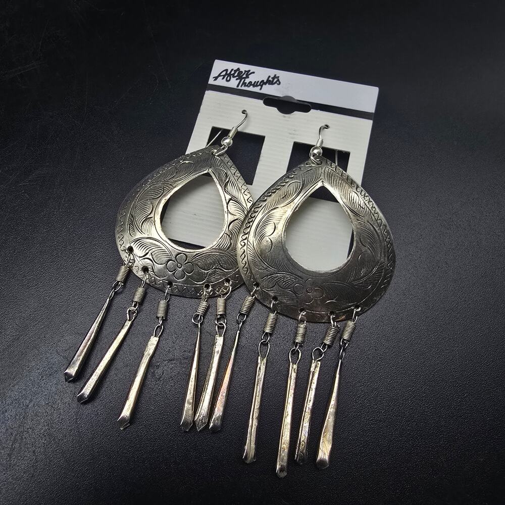 Boho Etched Silver Tone Earrings Southwest Vintage 1990s NWT NOS On Card